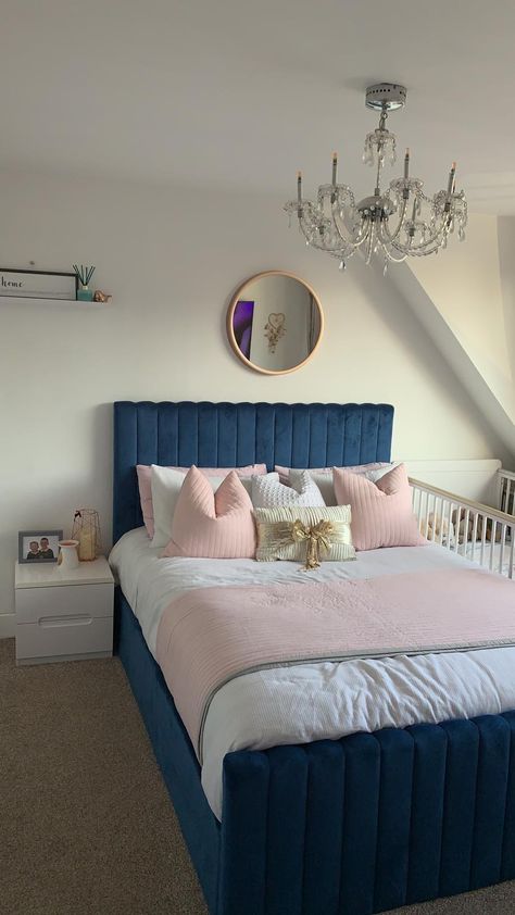 Bedroom Ideas With Navy Blue Headboard, Pink And Navy Room Decor, Navy Pink Bedroom Ideas, Bedroom Navy And Pink, Navy Gold Pink Bedroom, Pink Gold And Blue Bedroom, Navy Pink Gold Bedroom, Pink Blue And Gold Bedroom, Navy Blush Bedroom