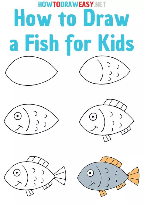 How to Draw a Fish for Kids - How to Draw Easy Fish For Preschool, How To Draw A Fish For Kids, How To Draw Kindergarten Step By Step, Kids How To Draw Step By Step, Drawing Step By Step For Kids, How To Draw Ocean Animals, How To Draw A Fish Step By Step, How To Draw Sea Animals, How To Draw Animals For Kids