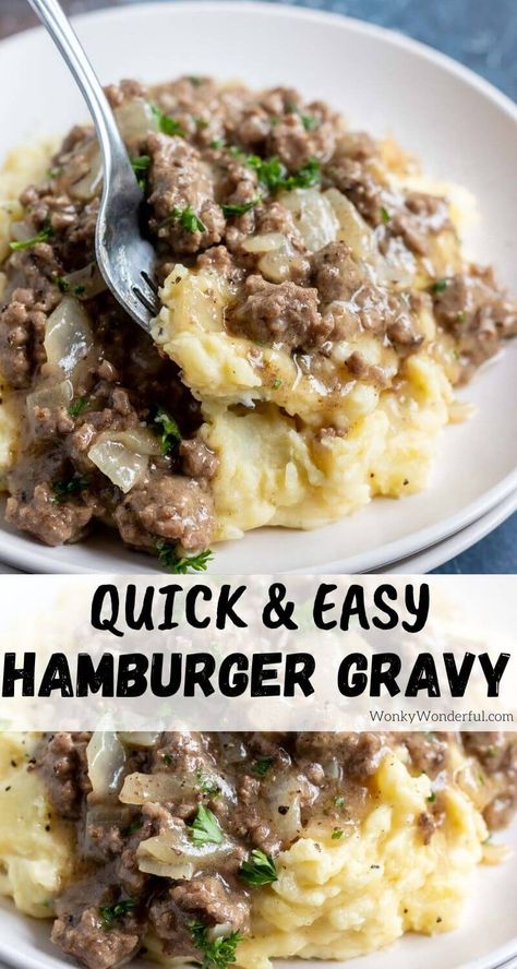 This Easy Hamburger Gravy Recipe is a quick, inexpensive  dinner idea that is perfect for chilly winter nights. Gravy made with ground beef tastes great over mashed potatoes, rice or pasta. #hamburgerrecipes #dinnerrecipes #easydinnerrecipes #dinnerideas #gravyrecipes #beefrecipes Easy Hamburger Gravy, Hamburger Gravy Recipe, Hamburger Dinner Ideas, Hamburger Gravy, Hamburger Dishes, Over Mashed Potatoes, Inexpensive Dinners, Easy Hamburger, Ground Beef Recipes Healthy