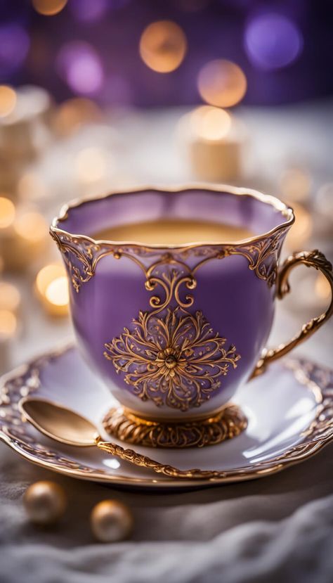 beautiful purple porcelain teacup - AI creation Teacup Aesthetic, Dinner Set Design, Purple Tea Cups, Purple Cafe, Purple Tea, Unique Tea Cups, Fancy Cup, Vintage Tea Sets, Morning Coffee Images