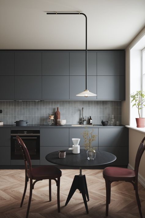 Kitchen Part 01 2019 on Behance Matte Grey Kitchen, Fenix Laminate, Dark Grey Kitchen Cabinets, Grey Kitchen Walls, Grey Kitchen Floor, Kitchen Cabinet Ideas, Grey Kitchen Designs, Dark Grey Kitchen, Gray Kitchen