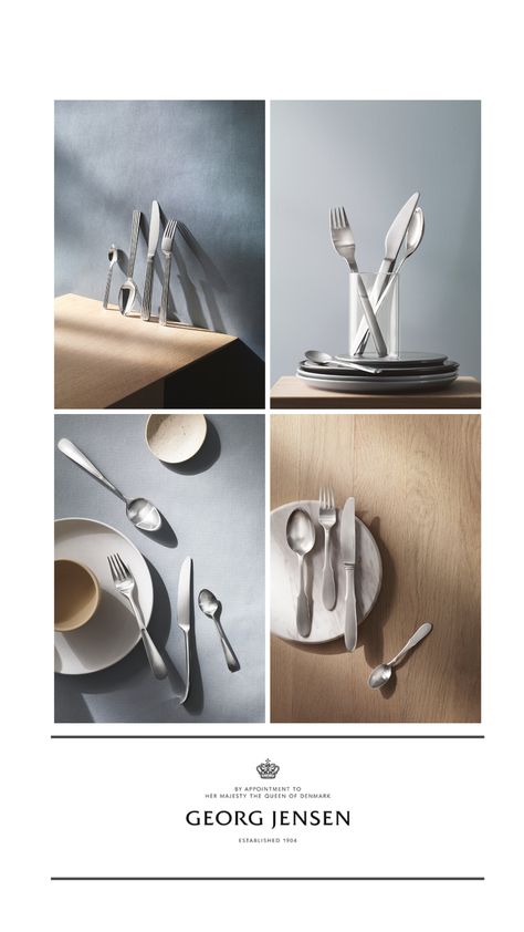 Make every meal one to remember! Add a touch of Scandinavian design to your table top with Georg Jensen's beautiful cutlery and tableware. Georg Jensen is a Danish design house renowned for artistic boldness, superior craftsmanship and visionary collaborations with leading artists and designers. Click to discover more from Georg Jensen. #GeorgJensen #scandinaviandesign #minimal #giftideas #weddinggiftidea Silverware Photography, Utensil Photography, Cutlery Photography, Kitchenware Photography, Beautiful Cutlery, Tableware Photography, High Key Photography, Luxury Cutlery, Cutlery Design