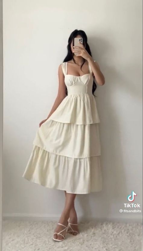 Midi Grad Dress, Fitsandbits Dress, Waist Cinching Dress, Tiered Skirt Dress, Romantic Natural Essence Style, Cute Summer Fashion, Graduation Dress Inspiration, Light Feminine Aesthetic Outfits, Spring Dress Outfits Casual