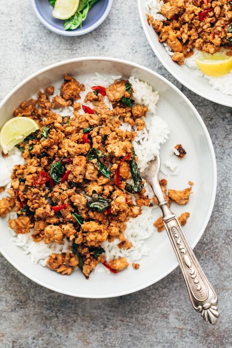 Ground Chicken Pad Thai, Ground Chicken And Eggs, Ground Chicken Thai Recipes, Thai Ground Chicken Recipes, Ground Chicken Basil Recipes, Pad Gra Pow, Thai Ground Chicken, Thai Basil Ground Turkey, Spicy Thai Basil Ground Turkey