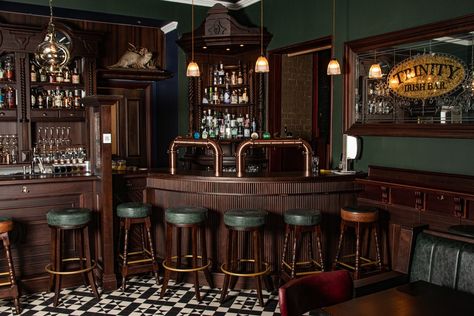 Irish Bar Ideas Pub Design Basement, Irish Pub Home Bar, Irish Basement Bar, Pub Inspired Dining Room, Dark Green Pub Interior, Cosy Bar Interior, Irish Pub Interior Furniture, English Bar Design, London Pub Aesthetic Interior