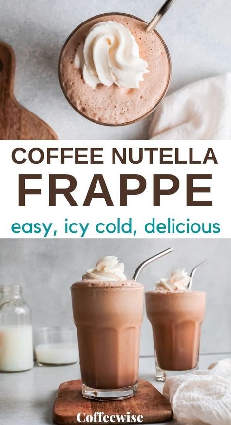 Easy Breakfast Ideas Nutella, Nutella Cold Coffee Recipes, Nutella Frappuccino Recipe, Frappe Base Recipe, Nutella Cream Latte, Nutella Drink Recipes, Frappe Without Coffee, Breakfast Ideas With Nutella, Nutella Frappe Recipe