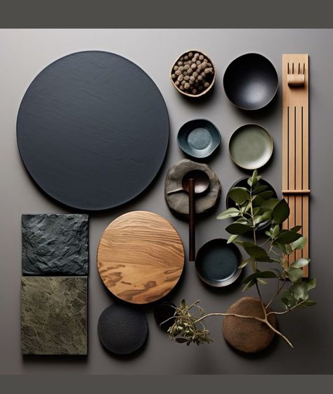 Japandi Mood Board, Moody Japandi, Dark Japandi, Japandi Moodboard, Japandi Color Palette, Dark Inspiration, Practical Home Decor, Materials Board Interior Design, Japandi Living Room