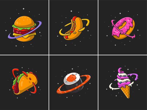 Food planet🍔🍩🪐 by catalyst on Dribbble Party Design Poster, Food Illustration Design, Astronaut Illustration, Planet Drawing, Space Food, Pizza Art, Planet Design, Canvas Learning, Space Illustration