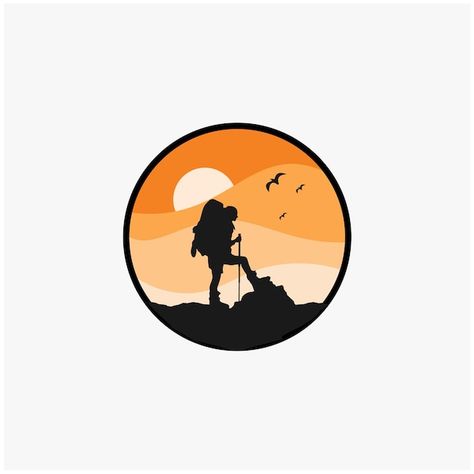 Trekking Logo Design Ideas, Hiking Logo Design, Trekking Illustration, Hiker Tattoo, Travel Logo Design Ideas, Trekking Logo, Logo Tourism, Hiker Silhouette, Outdoors Logo Design