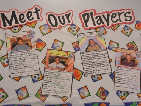 Back to School: Student Baseball Cards Sports Bulletin Board Ideas, Collage Bulletin Board, Sports Bulletin Boards, School Sports Theme, School Year Themes, Sports Classroom, Sports Theme Classroom, Letter Collage, Team Theme