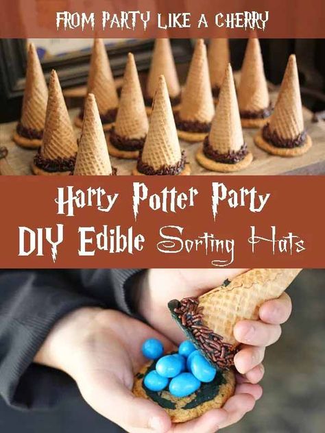 Sorting Hat Ice Cream Cones, Sorting Hat Activities, Harry Potter Sorting Ideas, Sorting Hat Snacks, Sorting Hat Ideas For Party, Dollar Tree Harry Potter Party, Harry Potter Birthday Boy, Sorting Hat Dessert, Sorting Hat Ceremony Ideas