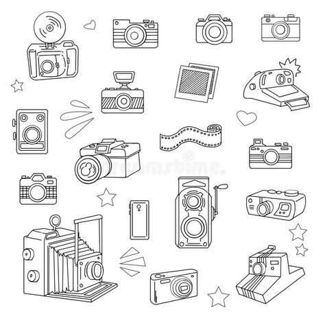 Photo cameras set vector illustration Camera Film Tattoo, Vintage Camera Tattoos, Camera Doodle, Camera Tattoo Design, Photographer Tattoo, Wörter Tattoos, Camera Clip Art, Camera Tattoos, Camera Illustration