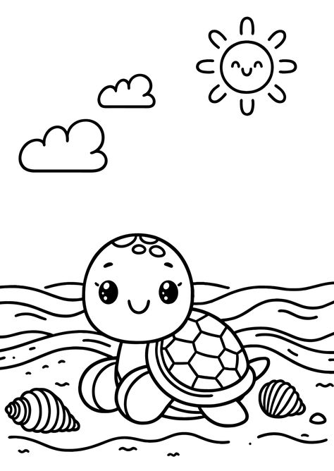 Happy Turtle - Free Coloring Page Cute Turtle Coloring Pages, Preschool Coloring Activities, Preschool Coloring Sheets Free Printable, Toddler Coloring Pages Free Printable, Beach Crafts For Toddlers, Summer Colouring Pages, Beach Coloring Pages For Kids, Simple Colouring Pages, Coloring Sheets For Toddlers