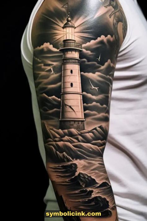 Lighthouse Tattoo For Men Light House Tattoo Design For Men, Black And Gray Lighthouse Tattoo, Mens Lighthouse Tattoo Sleeve, Lighthouse Tattoos Men, Lighthouse Cover Up Tattoo, Lighthouse Flash Tattoo, Lighthouse Back Tattoo, Maine Lighthouse Tattoo, Lighthouse Leg Tattoo