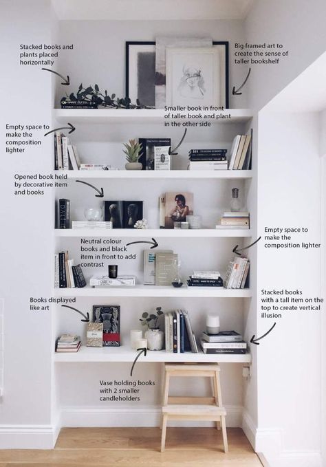 How to decorate your shelves: the minimal style - The White Interior Study Room Decor With Book Shelf, Decorate White Bookcase, Home Library Decor Bookshelf Styling, Decorate White Shelves, Styling Cubby Shelves, Alcove Shelf Decor, Art Above Bookshelf, Shelf Organization Ideas Living Room, Bedroom Bookcase Decor