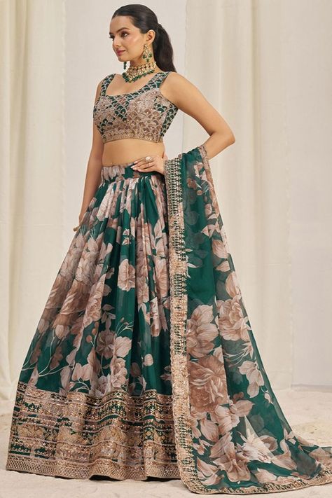 Pine Green Floral Print Organza Embroidered Lehenga Set Sangeet Lengha, Green Lehenga Choli, Ghaghra Choli, Printed Lehenga, Navratri Dress, Organza Lehenga, Organza Blouse, Green Lehenga, Lehenga Choli Online