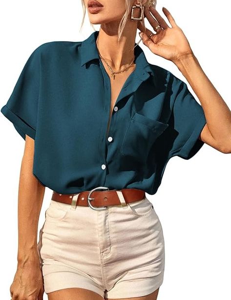 HOTOUCH Womens Button Up Shirts Short Sleeve V Neck Work Blouses Casual Collared Tops with Pockets Blue Green L at Amazon Women’s Clothing store Blouses Casual, Work Blouses, Women's Button Down Shirt, Spring Inspiration, Work Tops, Collar Top, Work Blouse, Amazon Women, Librarian