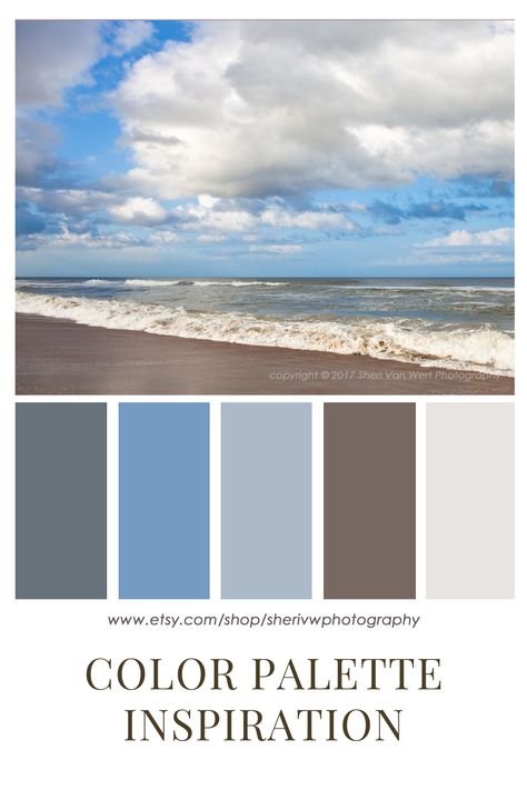 Decorating ideas for the bedroom or bathroom - Enjoy this calming blue color palette based on my image of a beach in the Outer Banks of North Carolina. This beach photography and more is available in my Etsy store. Carolina Blue Color Palette, Outer Banks Color Palette, Blue Brown Room, Earth Tone Blue, Earth Tones Color Palette, Blue And Earth Tones, Ocean Color Palette, Brown And Blue Living Room, Beach Color Palettes