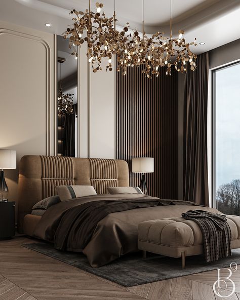 GORGEOUS HARMONY OF BROWN SHADES! :: Behance Unique Bedroom Design, Feature Wall Design, Elegant Bedroom Decor, Modern Style Bedroom, Neoclassical Interior, Sanctuary Bedroom, Bedroom Decor Inspiration, Luxurious Bedroom, Bedroom Styles