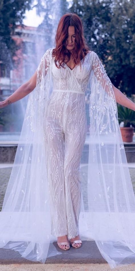 Wedding Jumpsuit With Cape, Wedding Pantsuit The Bride, Wedding Pantsuits, Jumpsuit With Cape, Jumpsuit Ideas, Bridal Pantsuit, Wedding Dress Detachable Skirt, Wedding Dress Jumpsuit, Wedding Pantsuit