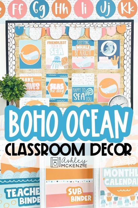 Boho Ocean Classroom, Ocean Classroom Decor, Preschool Classroom Themes, Beach Theme Classroom, Ashley Mckenzie, Boho Ocean, Nautical Classroom, Elementary Classroom Themes, Themed Classroom Decor