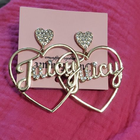 Juicy Couture Heart Dangle Earrings Gold Or Silver Rhinestone Crystal Heart With Dangling Larger Heart Juicy Logo Brand New Mcbling Earrings, 2000s Earrings, Y2k Stuff, 2000s Jewelry, Y2k Earrings, Mcbling Fashion, Jewelry Y2k, Dope Jewelry Accessories, Hello Kitty Jewelry