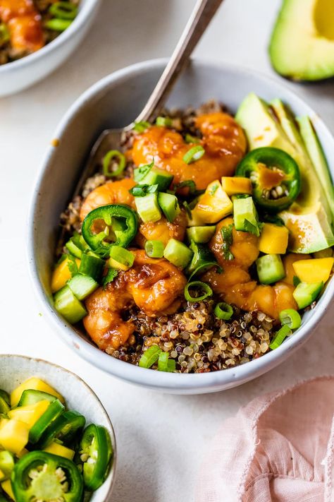 Salsa Quinoa, Shrimp Quinoa Bowl, Shrimp Quinoa, Gluten Free Bowl, Shrimp And Quinoa, Teriyaki Shrimp, Vegetarian Bowls, March Food, Cucumber Salsa