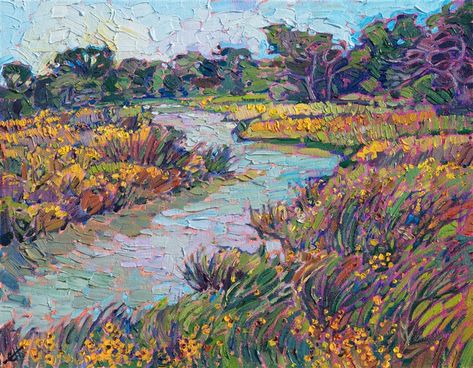 Winding river and Texas wildflowers original oil painting by contemporary impressionist artist Erin Hanson Painting Ideas On Canvas Landscapes, Erin Hansen, Fauvism Art, Winding River, American Impressionism, Erin Hanson, Yellow Wildflowers, River Painting, Impressionist Artists