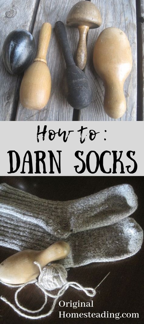 Darn Socks! Wool socks are expensive so knowing the proper way to mend your wool socks is very important. This is a lost art that everyone really needs to know. Socks usually develop holes in the heels and toe area but they must be mended properly so as not to cause sore spots. This method has been handed down to me by my mother. Easy step-by-step tutorial on darning socks. Plus, find out about sock eggs and sock darners today at OriginalHomesteading.com How To Darn Socks, Darn Socks, Mend Holes, Darning Socks, Knitting Hacks, Homesteading Skills, Repair Clothes, How To Knit, Wool Socks