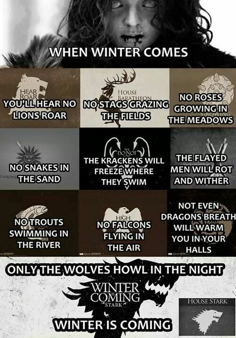 When winter comes... You'll hear no lions roar... No stags grazing the fields... No roses growing in the meadows... No snakes in the sand... The krakens will freeze where they swim... The flayed men will rot and wither... No trouts swimming in the river and no falcons flying in the air... Not even the dragons breath will warm you in your halls. Only the wolfs howl in the night... Winter is coming. #winteriscoming Humour, Book Advice, Winds Of Winter, Game Of Thrones Meme, The Winds Of Winter, Game Of Thrones Winter, Game Of Thrones 3, Got Game Of Thrones, Fire And Blood