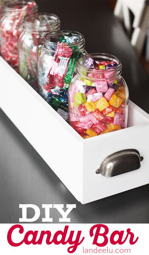 DIY CANDY BAR Tutorial - Build a simple box to hold mason jars and create a darling candy bar for any occasion! Organisation, Candy Bouquet, Mason Jar Projects, Diy Candy Bar, Office Candy, Jar Centerpieces, Jar Ideas, Chicken Feed, Do It Yourself Crafts