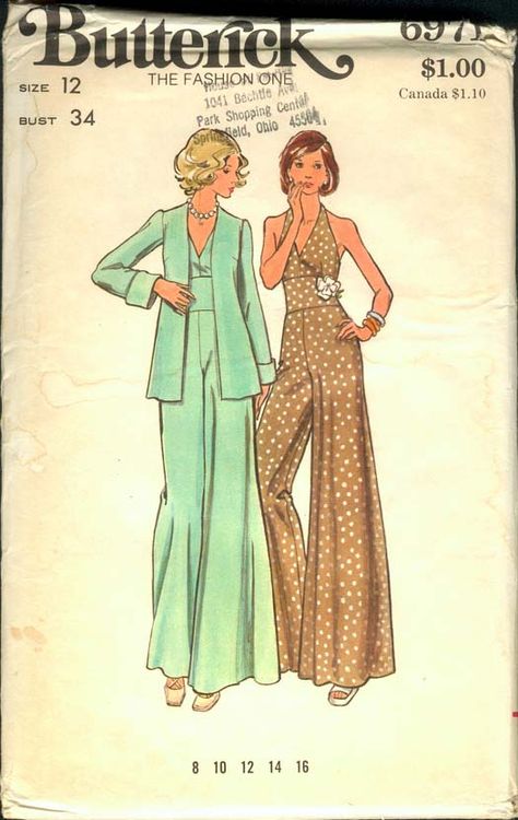 Jumpsuit And Cardigan, Butterick Patterns Vintage, Fashion 1970s, Trendy Jumpsuit, Evening Jumpsuit, Vintage Dress Patterns, Halter Jumpsuit, Butterick Sewing Pattern, Jumpsuit Pattern