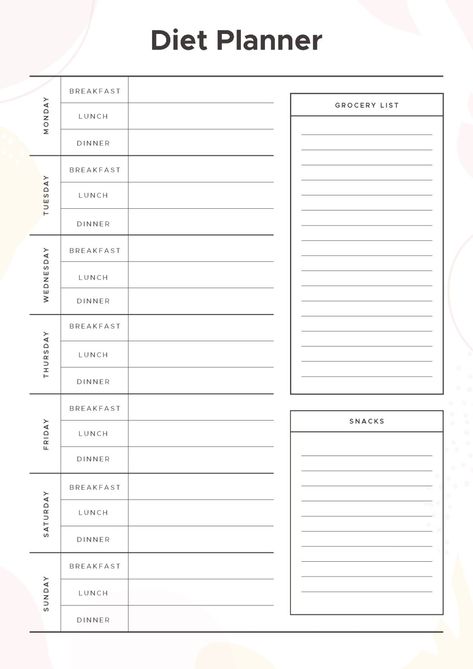 Diet Planner Diet Schedule Meals, Diet Schedule Calendar, Diet Journal Ideas Free Printable, Diet Diary Journals, Healthy Food Planner, Diet Calendar, Diet Checklist, Planner Setup Ideas, Food Planner Template