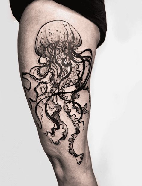 Jellyfish Tattoo Design Images (Jellyfish Ink Design Ideas) Ocean Drawings Pencil, Goth Jellyfish Tattoo, Jellyfish Tattoo On Leg, Large Jellyfish Tattoo, Jellyfish Tattoo Realistic, Neo Traditional Jellyfish, Jellyfish Sleeve Tattoo, Octopus Tattoo Leg, Jellyfish Hip Tattoo