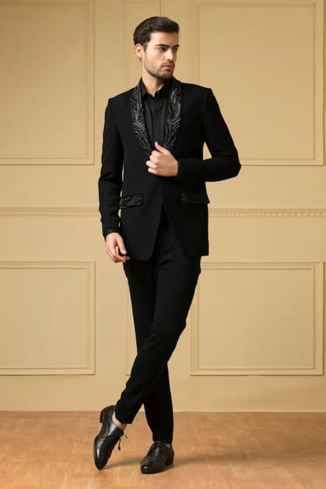 Black Wedding Suit for Men with Single-button Blazer And Trouser Set For Men Wedding Tuxedo Black, Black Tuxedo Wedding, Shawl Collar Tuxedo, Black Blazer Men, Black Suit Wedding, Dinner Suit, Man Blazer, Groom Tuxedo, Single Button Blazer