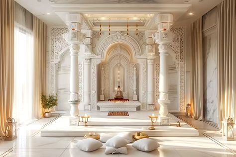 Home Temple Ideas Puja Room, Castle House Design, Hacienda Homes, Modern Bungalow House Design, Futuristic House, House Main Door, Colourful Living Room Decor, House Outer Design, Mandir Design