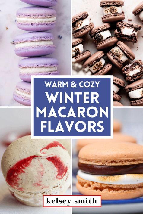 Four images in a grid. The top left image is three lavendar macarons stacked. The top right image shows several chocolate macarons on their side to show a toasted marshmallow filling. The bottom left image is a peppermint swirl macaron. The bottom right image is a s'mores macaron with ganache and marshmallow fluff filling. New Year’s Eve Macarons, Peppermint Mocha Macarons, Winter Macarons Flavors, Popular Macaron Flavors, Macaron Christmas Flavors, Macaron Flavors Ideas Christmas, Macaron Recipe Christmas, Christmas Flavor Macarons, Christmas Flavored Macarons