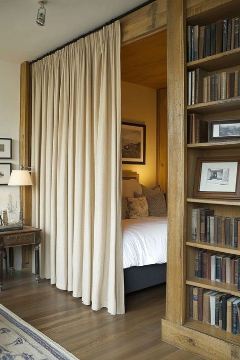 Divide your small home’s open layout with clever room dividers. Use bookcases, curtains, or sliding panels to create separate zones without sacrificing space. 🚪✨📚 #SmallSpaceLiving #RoomDividers #HomeDecor #OpenLayouts Room Divider For Kids Shared Bedrooms, Velvet Curtains Room Divider, Small Bedroom Divider Ideas, Floor To Ceiling Room Divider Shelves, Living Room Curtain Divider, Bookcase With Curtain, Curtain Layout Ideas, Sliding Door Living Room Layout, Room With Curtain Divider