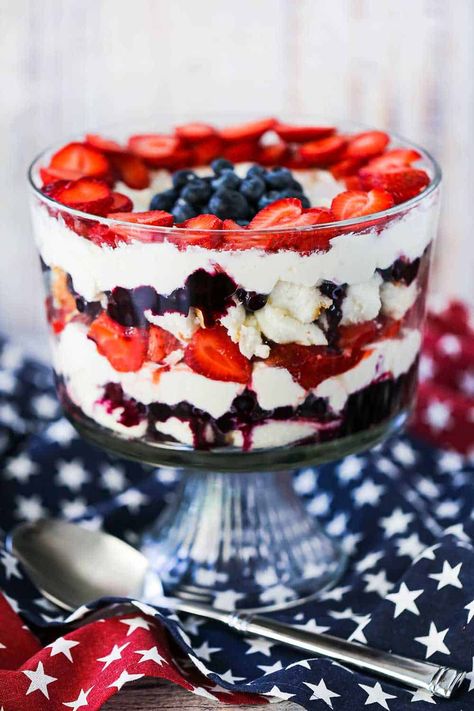 A red, white, and blue trifle sitting on top of a patriotic table cloth next to a large silver serving spoon. Blueberry Trifle, Trifle Bowl Recipes, Memorial Day Desserts, Trifle Dessert Recipes, Memorial Day Foods, Berry Trifle, Coconut Dessert, Dessert Parfait, Patriotic Desserts