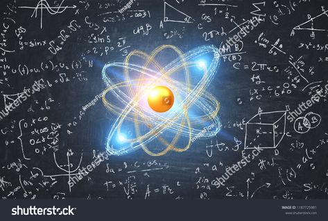 Glowing gold and blue atom model over blackboard with formula background. Concept of science, chemistry and physics. 3d rendering copy space toned image double exposure #Ad , #Affiliate, #formula#blackboard#Concept#background Physics Group Icon, Atom Wallpaper Science, Physics Profile Picture, Atom Aesthetic, Neet Physics, Space Notes, Atom Model, Auditorium Design, Learn Physics