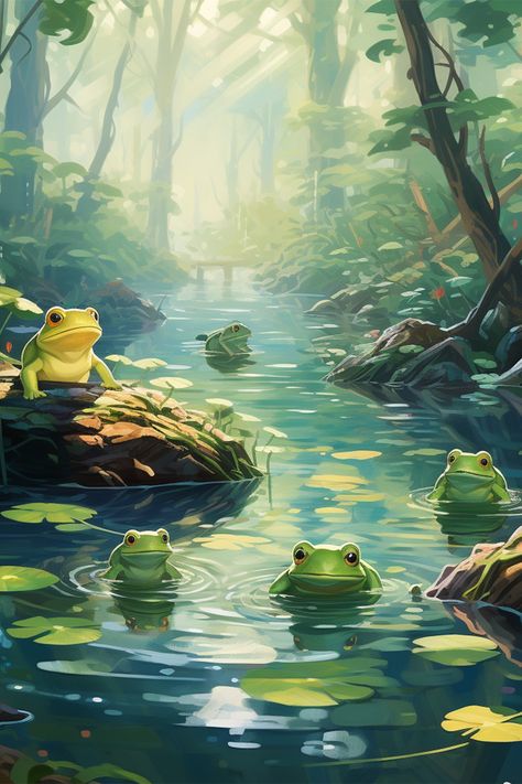 frogs in ponds illustration, studio ghibli, studio ghibli aesthetic, greens, blues, frogs on a log, pond, lily pond, lush forest, nature Frog In Water Drawing, Frog In Pond Illustration, Pond Reference Drawing, Frog Pond Aesthetic, Frog Pond Painting, Frog Pond Illustration, Pond Illustration Art, Pond Landscaping Drawing, Frog Pond Drawing