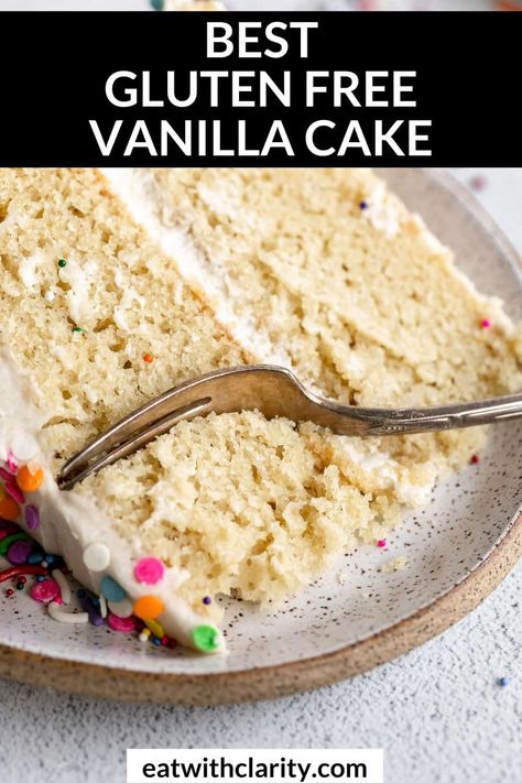 This is the best gluten free vanilla cake recipe. It's made in one bowl, dairy free and topped with a simple vanilla buttercream frosting. You can make it funfetti so it's the perfect cake recipe for a birthday or party. Best Gluten Free Vanilla Cake Recipe, Gluten Free Birthday Cake Recipe, Gluten Free Vanilla Cake Recipe, Best Gluten Free Cake Recipe, Gluten Free Dairy Free Cake, Dairy Free Vanilla Cake, Dairy Free Birthday Cake, Dairy Free Buttercream, Gluten Free Birthday Cake