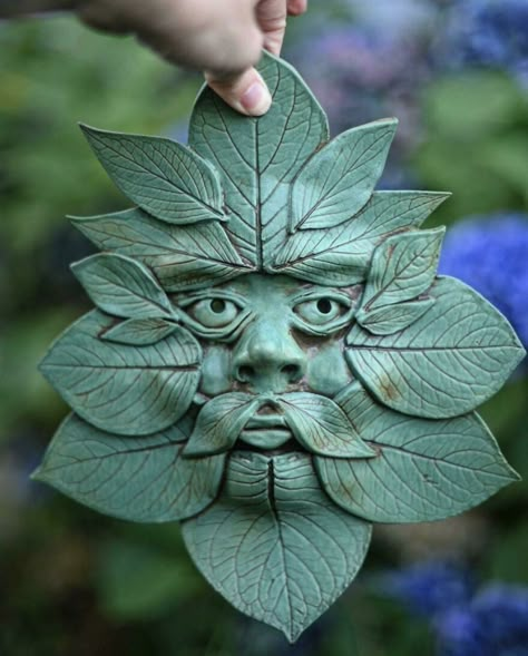 Hydrangea Leaf Green Man I Made For My Garden Hydrangea Leaf, Garden Wall Plaque, Hydrangea Leaves, Miniature Pottery, Garden Plaques, Oldest Human, Ancient Pottery, Garden Pottery, Pottery Crafts