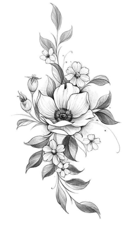 Floweral Tattoo Design, Flower Pieces Tattoo, Swallow Flower Tattoo, Flower Tattoos Drawings, Floral Tattoo Drawing, Floral Tattoo Sketch, Flower Ornamental Tattoo, Tattoo Flowers Design, Blackwork Floral Tattoo