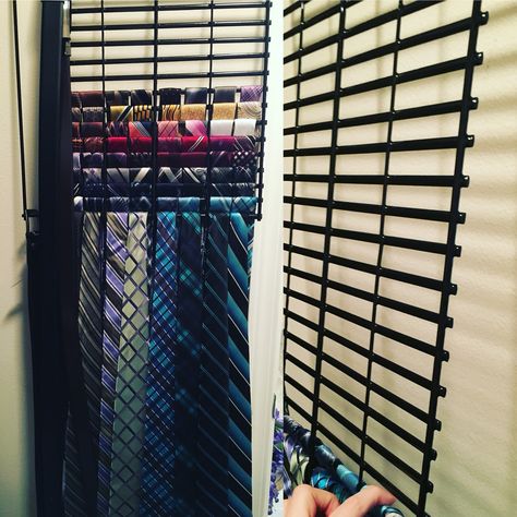 Perfect tie holder. Bbq rack holds 200 ties. Used hinges to allow us to pull it away from wall. Neck Tie Organization Ideas, Neck Tie Storage Ideas, Tie Organization Ideas, Master Remodel, Tie Storage, Tie Holder, Tie Hanger, Belt Organizer, Tie Ideas