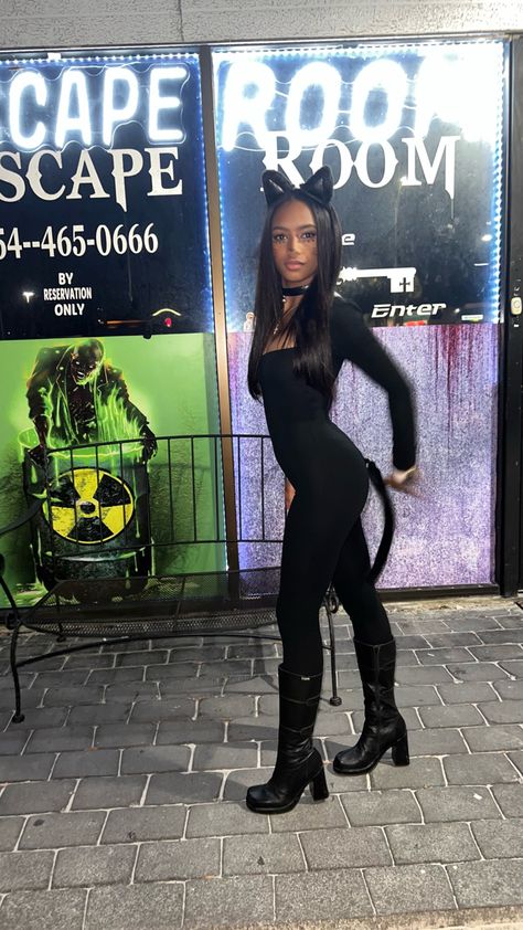 Cat Halloween Costume Black Women, Black Cat Custome Halloween Women, Women’s Black Cat Costume, Cat For Halloween Costumes, Cat Girl Halloween Costume, Cat Woman Outfit Halloween, Kitty Cat Costume Women, Black Cat Costumes Women, Cat Woman Costume Black Woman