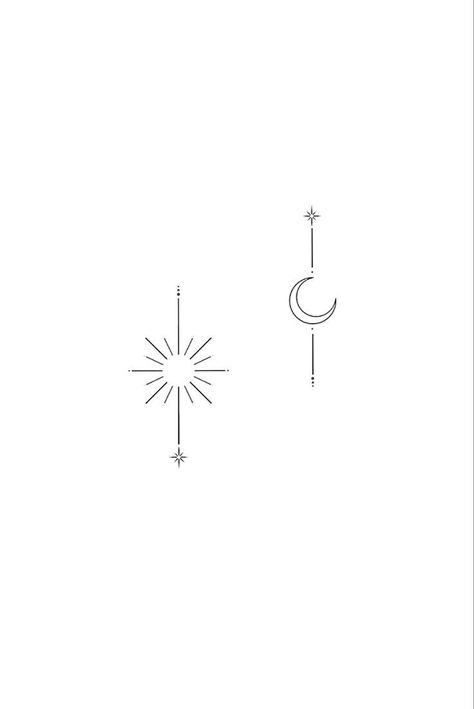 Star And Sun Tattoos, Moon Tattoo Line, Sun Fineline Tattoo, The Sun And Moon Tattoo, Tattoo Moon And Sun, Star And Moon Tattoo, Tattoo Sun And Moon, Line Art Sun, Moon Star Tattoo