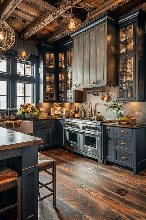 Design Your Dream Farmhouse Kitchen - Quiet Minimal New England Kitchen Ideas, My Dream Home Farmhouse, Country Farmhouse Kitchen Ideas, Rustic Cabin Kitchen Ideas, Kitchen Design Ideas With Island, Shabby Chic Kitchen Ideas, Dark Farmhouse Kitchen, Hideaway Kitchen, Luxury Farmhouse Kitchen