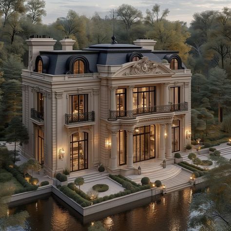 @lifetime_interior_design | Instagram Europe Modern House, Luxury Color Scheme, Classic House Exterior Luxury, Fancy House Exterior, Modern Chateau Interior, Classical House Exterior, Dream Home Exteriors, Fancy House Design, Aesthetic Buildings