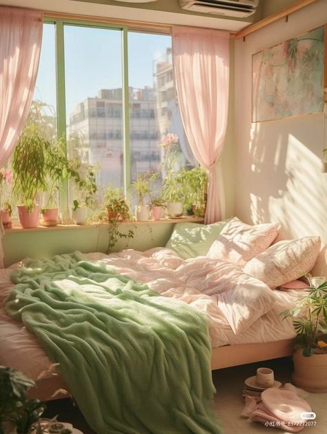 Single Bedroom Apartment Ideas, Japanese Room Aesthetic Kawaii, Colorful Bedroom With Plants, Pink Green White Aesthetic Bedroom, Cozy Pink And Green Bedroom, Aesthetic Pink And Green Room, Bedroom Decor Green And Pink, Pastel Cozy Aesthetic, Pink Themed Apartment